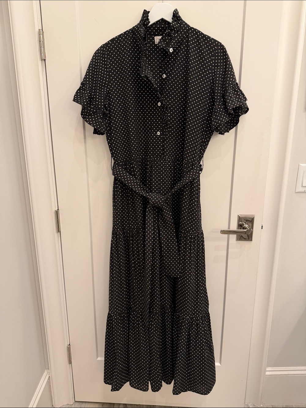 Black Polka Dot Maxi Dress with Ruffle Collar and Tie Waist